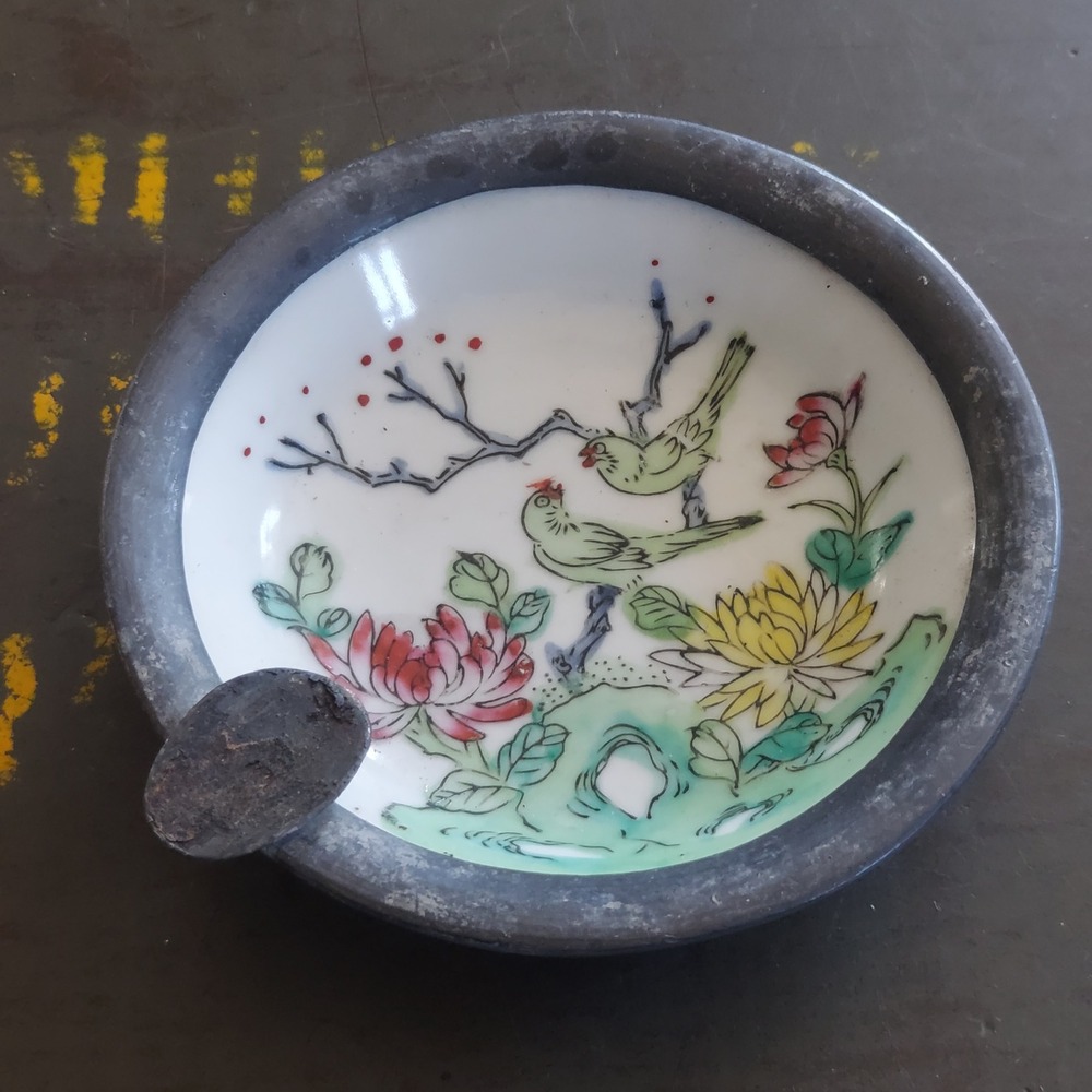 Vintage ISCO Japanese Porcelain Ware Ashtray Pewter Rim Birds Flowers 4" Dish